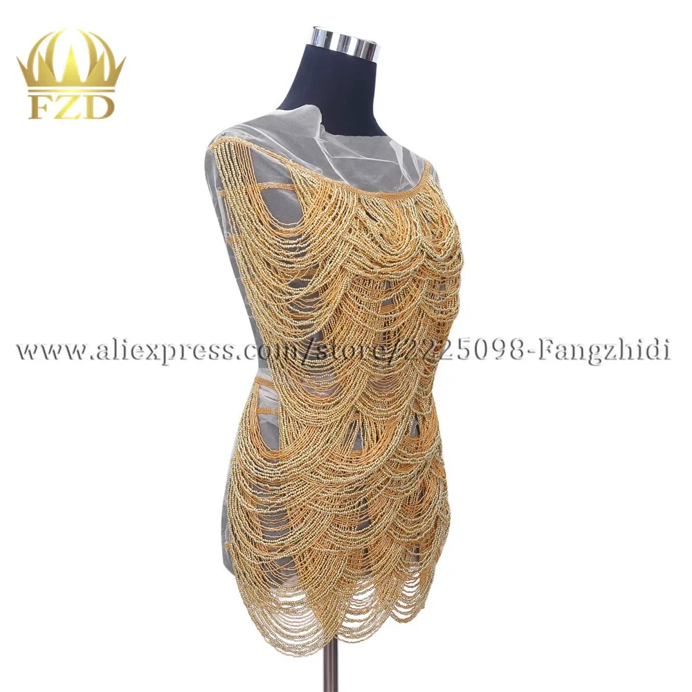 FZD 1  Piece Front Design Gold Beaded Tassel Bodice Patches Golden Beads Fringe for Wedding Dresses DIY Decorative Clothes