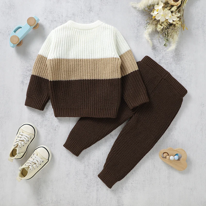 Baby Clothes Sets Knitted Kid Pullover+Trousers 2PC Infant Gril Boy Sweater Long Sleeve Tops +Pants Fashion Striped Warm Autumn