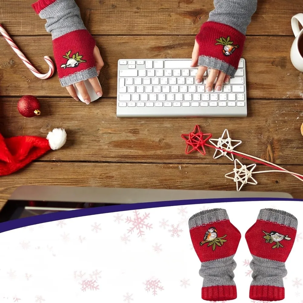 

Крутые перчатки с вышивкой птицы и половиной пальца, мягкие вязаные перчатки без пальцев для девочек, ветрозащитные лоскутные зимние варежки Y2k для женщин