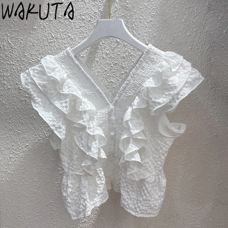 

WAKUTA Korean 2024 Summer Crop Tops Ladies Clothing Chic Simple Elegant Loose V Neck Ruffles French Fashion Sweet Blouses Femme