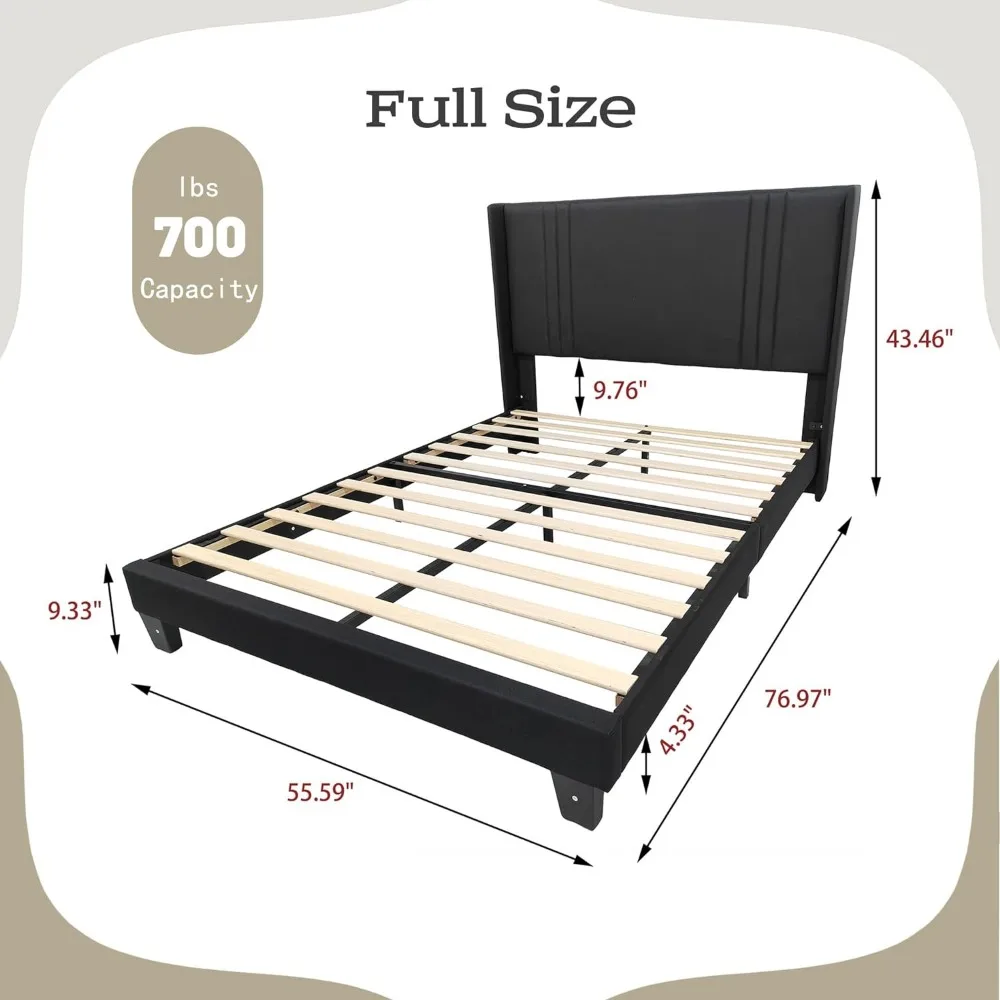 Upholstered Platform Full Size Bed Frame with Headboard Wooden Slats Support Easy Assembly No Box Spring Needed Black Linen