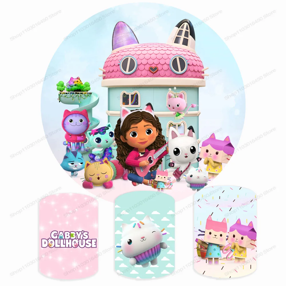 Gabbys Doll House Round Backdrop Elastic Circle Baby Shower Cute Cartoons Birthday Party Background Cylinder Decoration Props