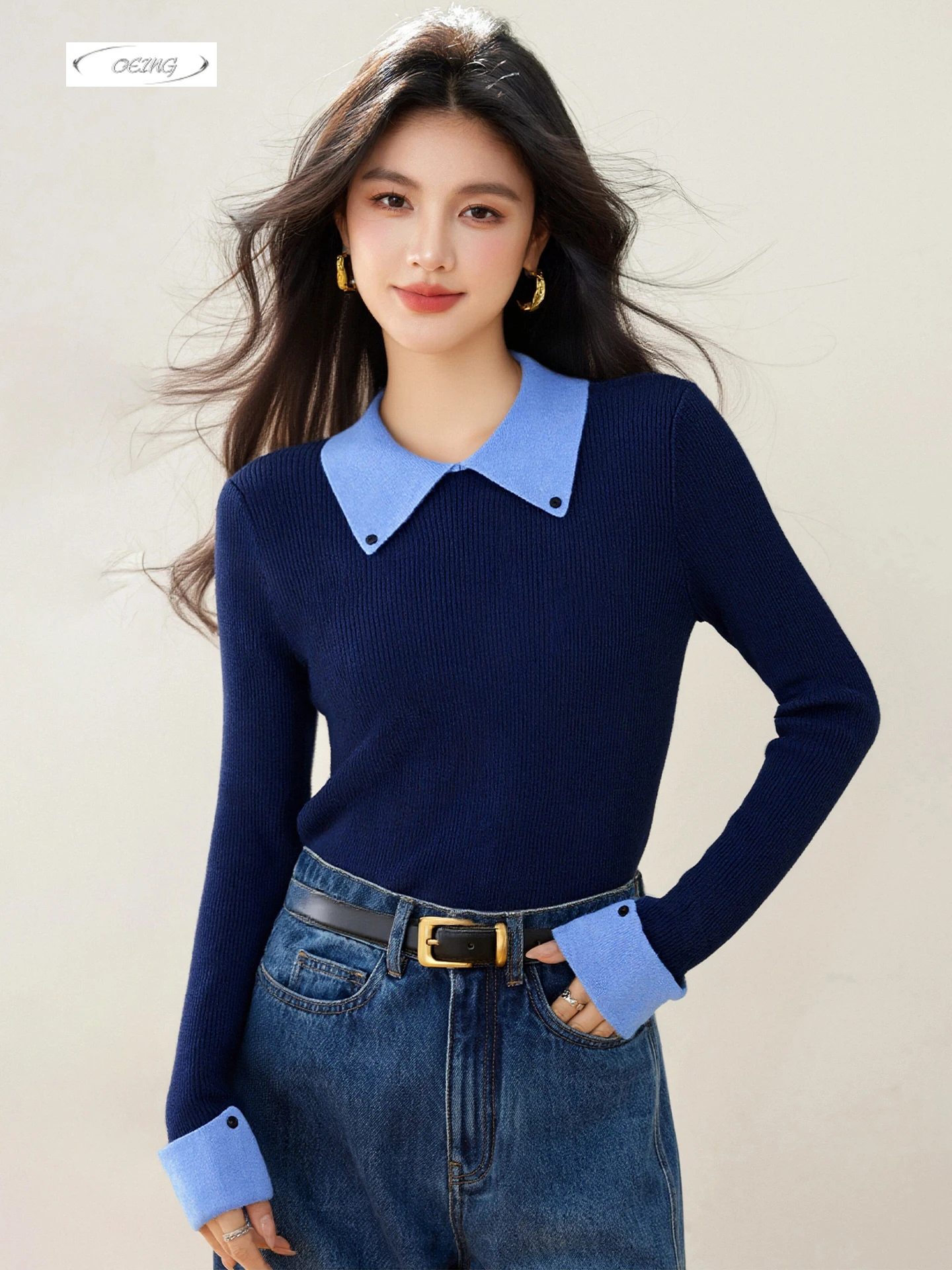 

Korean Style Slim Color Blocking Navy Knitted Shirt Pullover Sweater for Women Autumn Winter Elegant Long Sleeve Knitwear 9749
