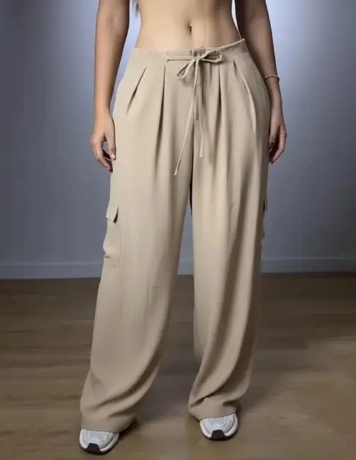 

Women's Pants Spring and Summer High Waist Drawstring Pleated Front Wide Leg Trousers Casual Flap Pockets Design Cargo Pants