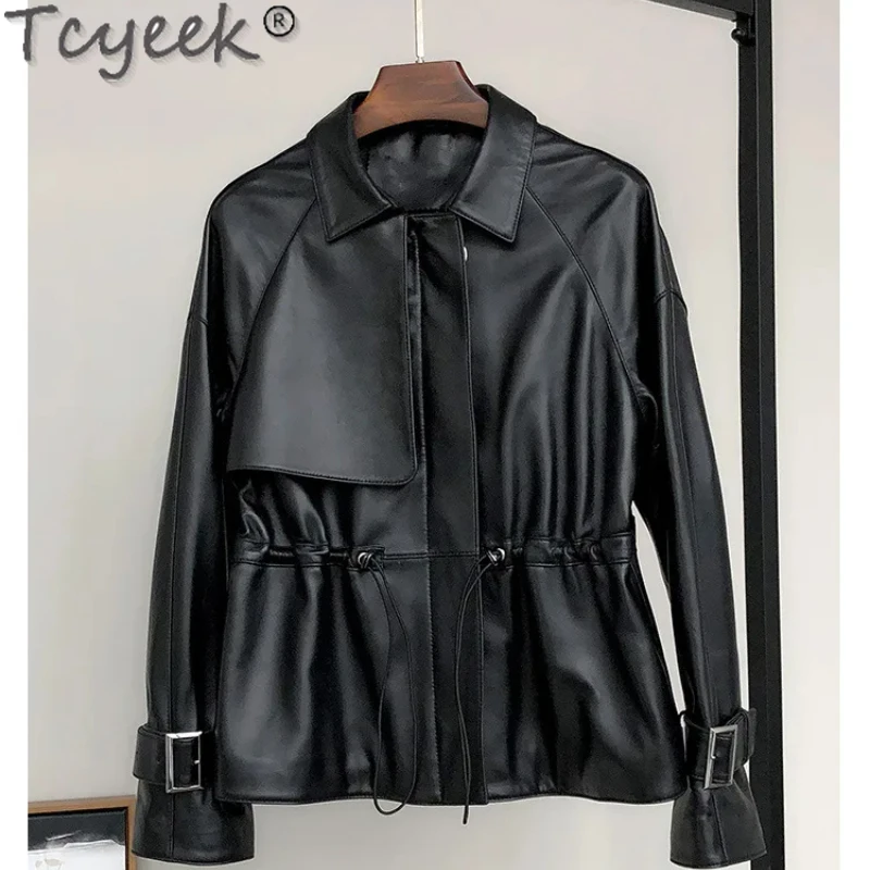 Tcyeek-jaqueta de couro feminino, casaco de pele de carneiro slim fit, jaqueta de motocicleta, roupas de primavera e outono