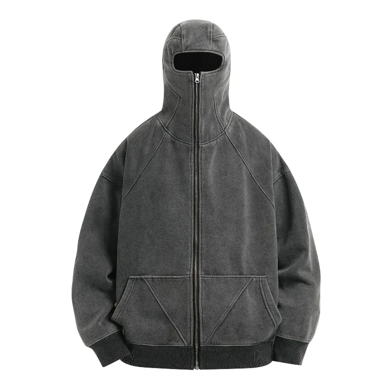 Y2K couple style spliced zip up hoodie fashionable classic Balaclava washed cotton grey ninja hoodie retro men hiphop streetwear