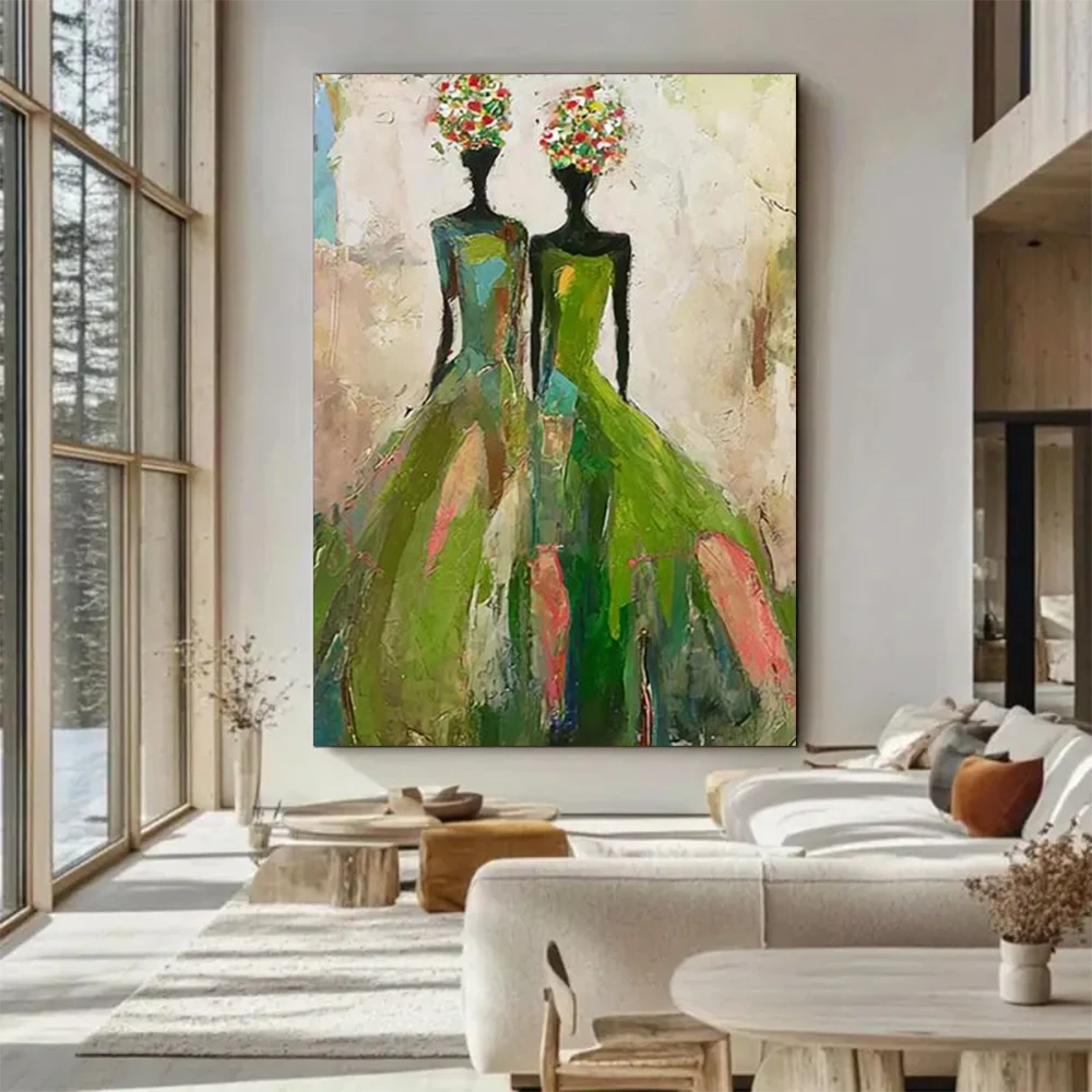 

100% Handmade Abstract Oil Painting on Canvas Two Fashion Girls Wall Art Knife Arts Large Mural for Home Living Room Decor Image