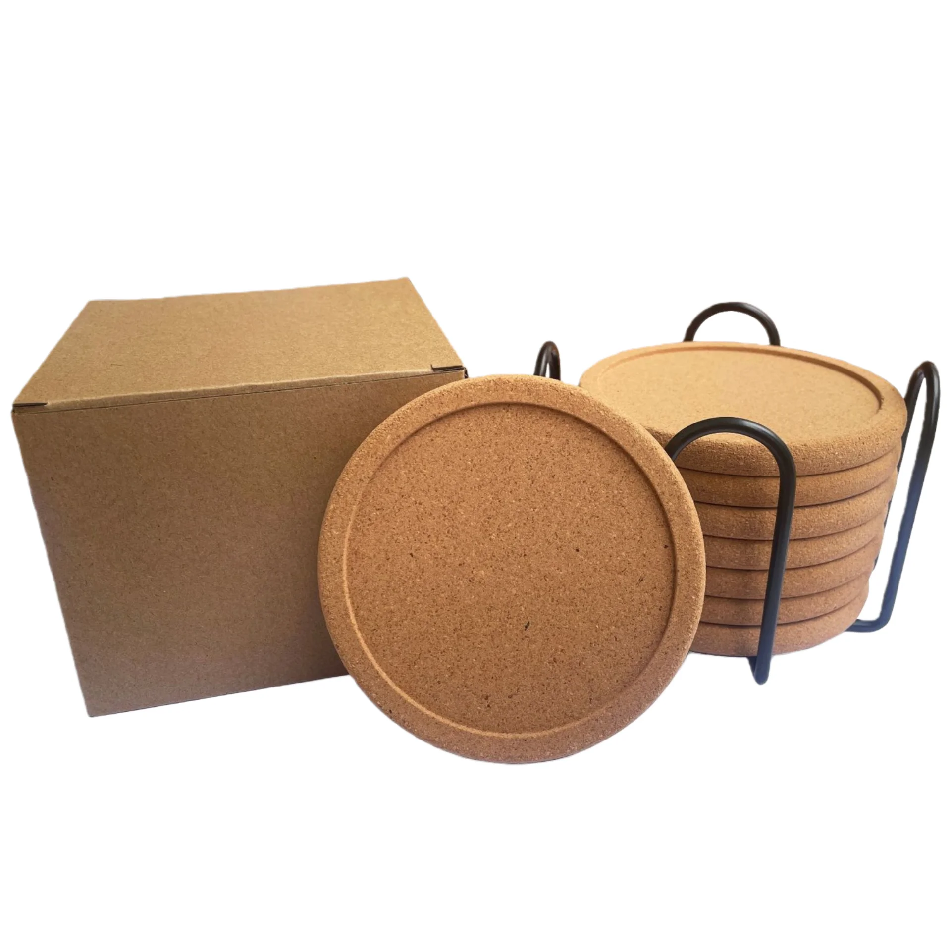 

8 Pcs/Box Concave Cork Coaster With Metal Rack Desktop Coffee Heat Insulation Coaster Non-Slip Eco-Friendly Round Cork Coaster