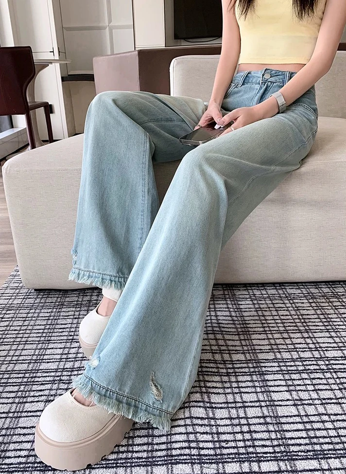 

Y2K женские широкие джинсы светло-голубые рваные свободные летние висячие утягивающие слегка расклешенные брюки