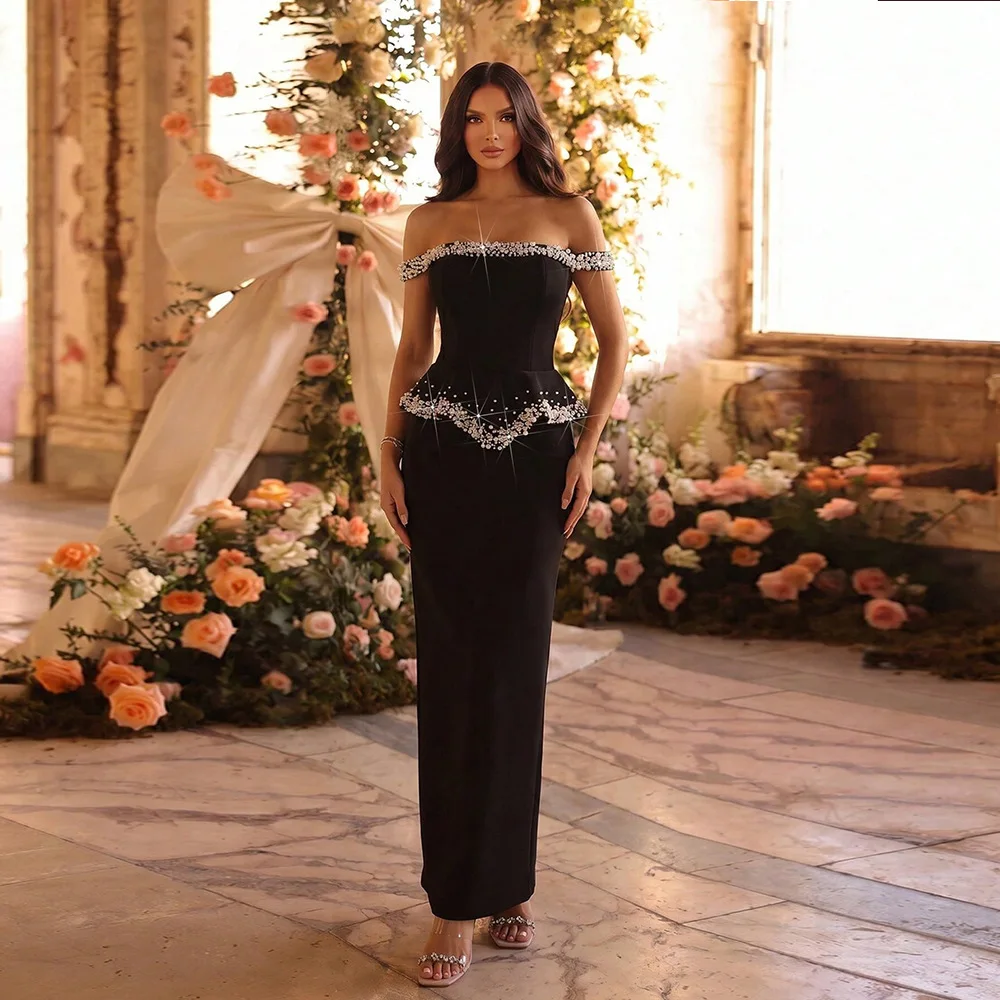 Elegant Fashion Beaded Two Piece Set off the Shoulder Rhinestone Top Side Slit Long Skirt Shining Luxurious Party Evening Gown