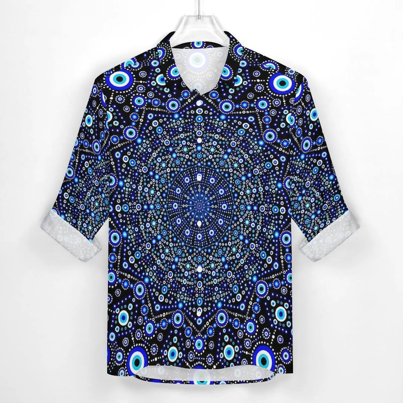 Camisa informal Harajuku para hombre, blusa blanca y azul de manga larga, diseño de mal de ojo, ropa de gran tamaño, moda de otoño