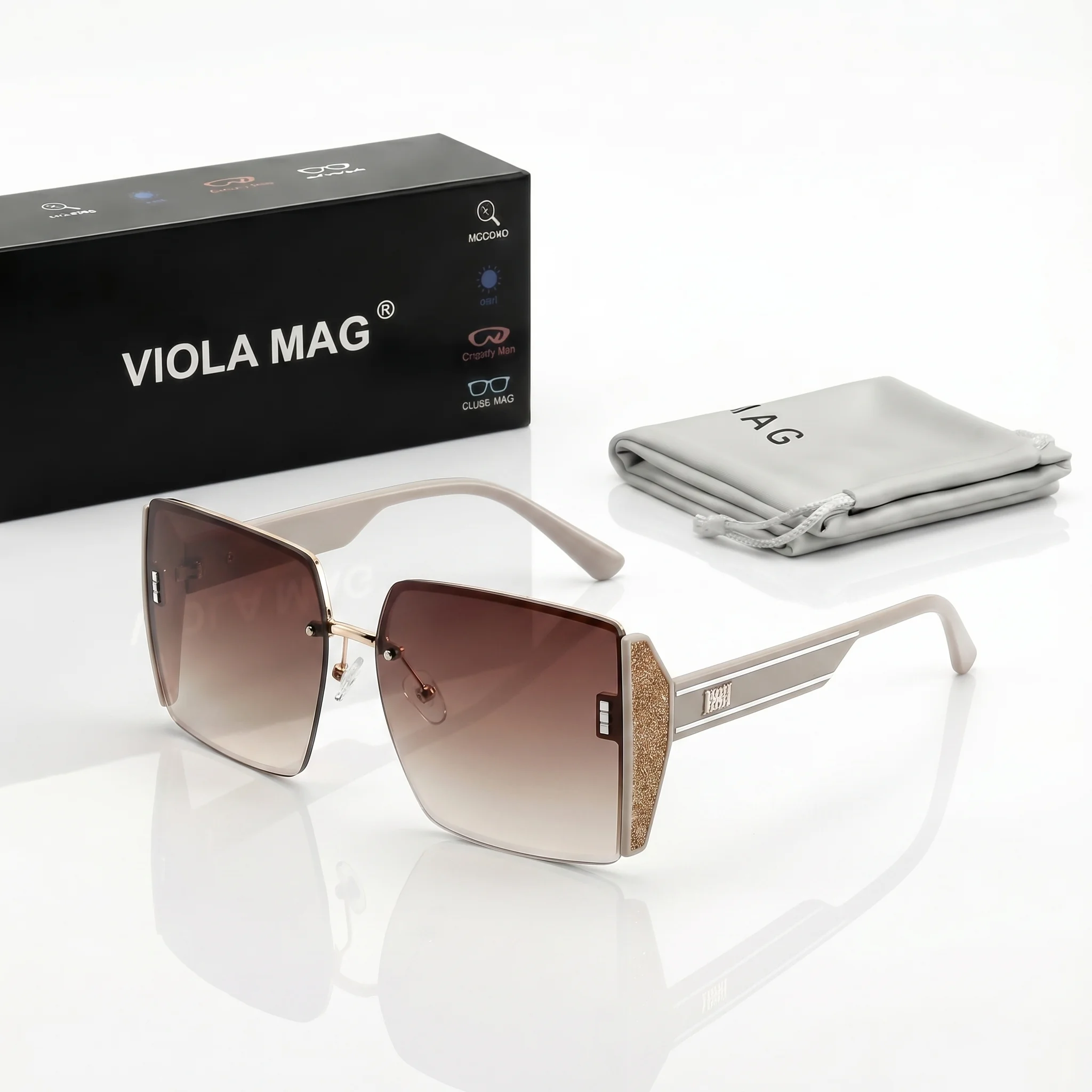 VIOLA MAG light luxury frameless cut edge gradient glasses, unisex large frame, travel party daily trend matching, lens bag