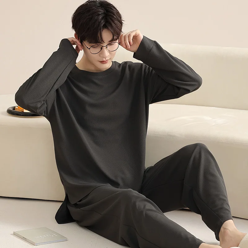 Autumn Pajamas Spring New Pants Two-piece Men's Cotton Youth Sleeved Long Home Clothing Set Korean Simple Pjs Pyjamas Hombre