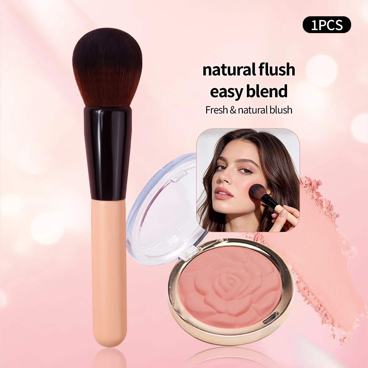 1 Pincel de Blush Macio, Pincel de Maquiagem para Mistura Fácil e Efeito Natural, Pincel Profissional para Blush e Iluminador