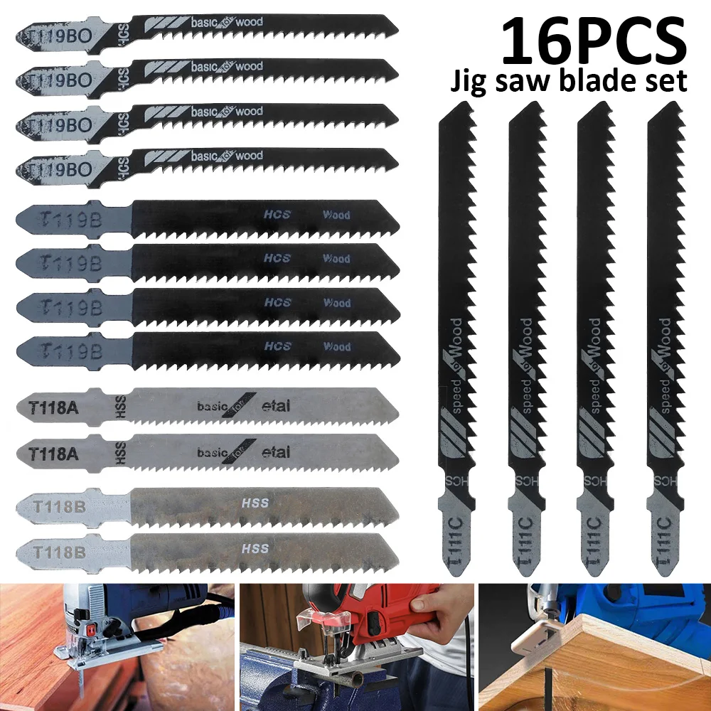 

16PCS T-Shank Electric Saw Blades HCS / HSS Jigsaw Blade Set for Woodworking Metal Plastic Cutting Power Tool with Plastic Box
