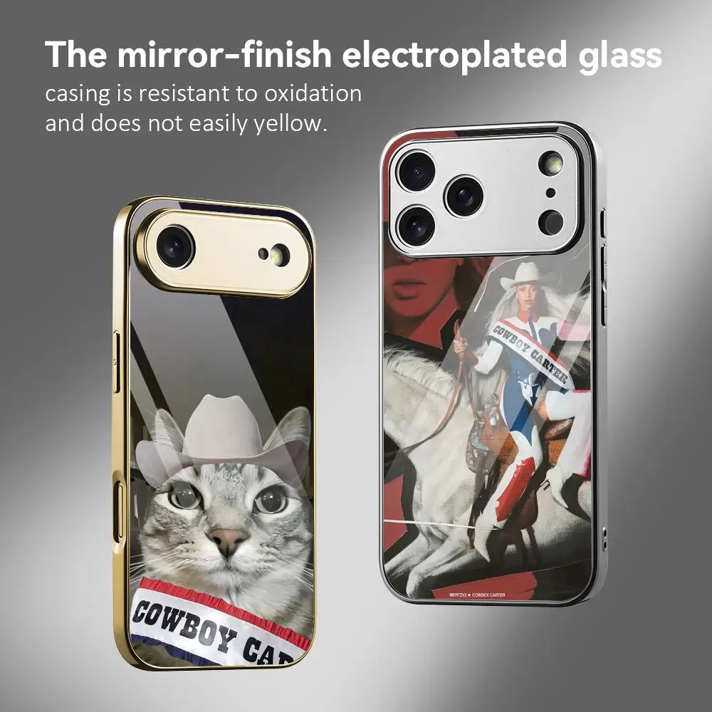 

C-Beyonce Cowboy Carter Phone Case For IPhone 17 16 15 14 13 12 Pro Max Plus Electroplated Metal Bumper Case Tempered Glass Back