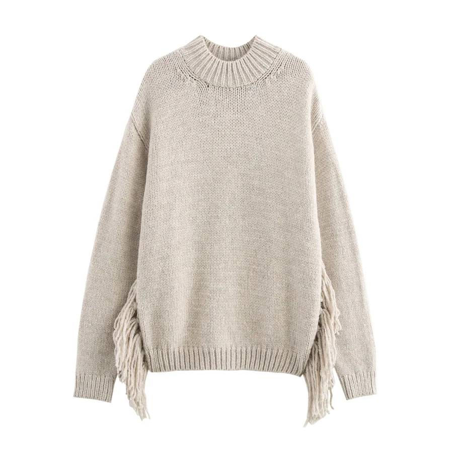 

LIBIELIY Women's Fall/Winter New Collection: Casual And Stylish High Slit Striped Fringe Long Sleeve Round Neck Knitted Sweater