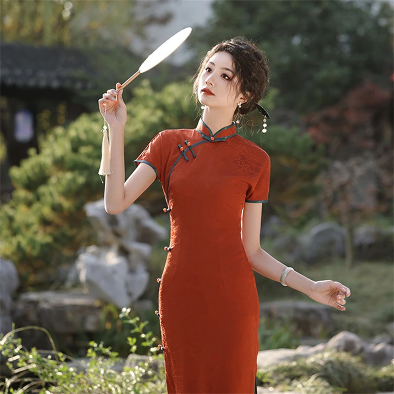 Chinese Traditional Clothing Stand Collar Button decoration Costume Short Sleeved Side Slit Dress Elegant Cheongsam for Women