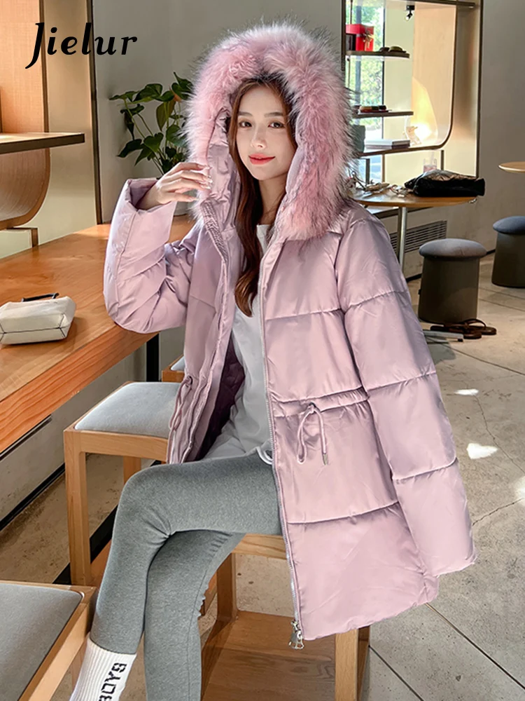 Jielur Thicken Slim-waist Cotton Jacket for Women Korean Winter Warm Mid Length Woman Parkas Fur Hooded White Coat Female M-XXL