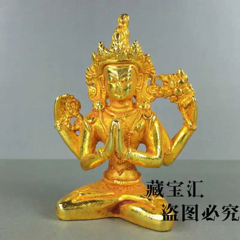 Old Collection Resurfaced Treasures Copper Gilded Four Armed Guanyin Statue Tibetan Tantric Avalokitesvara Bronze Ornament