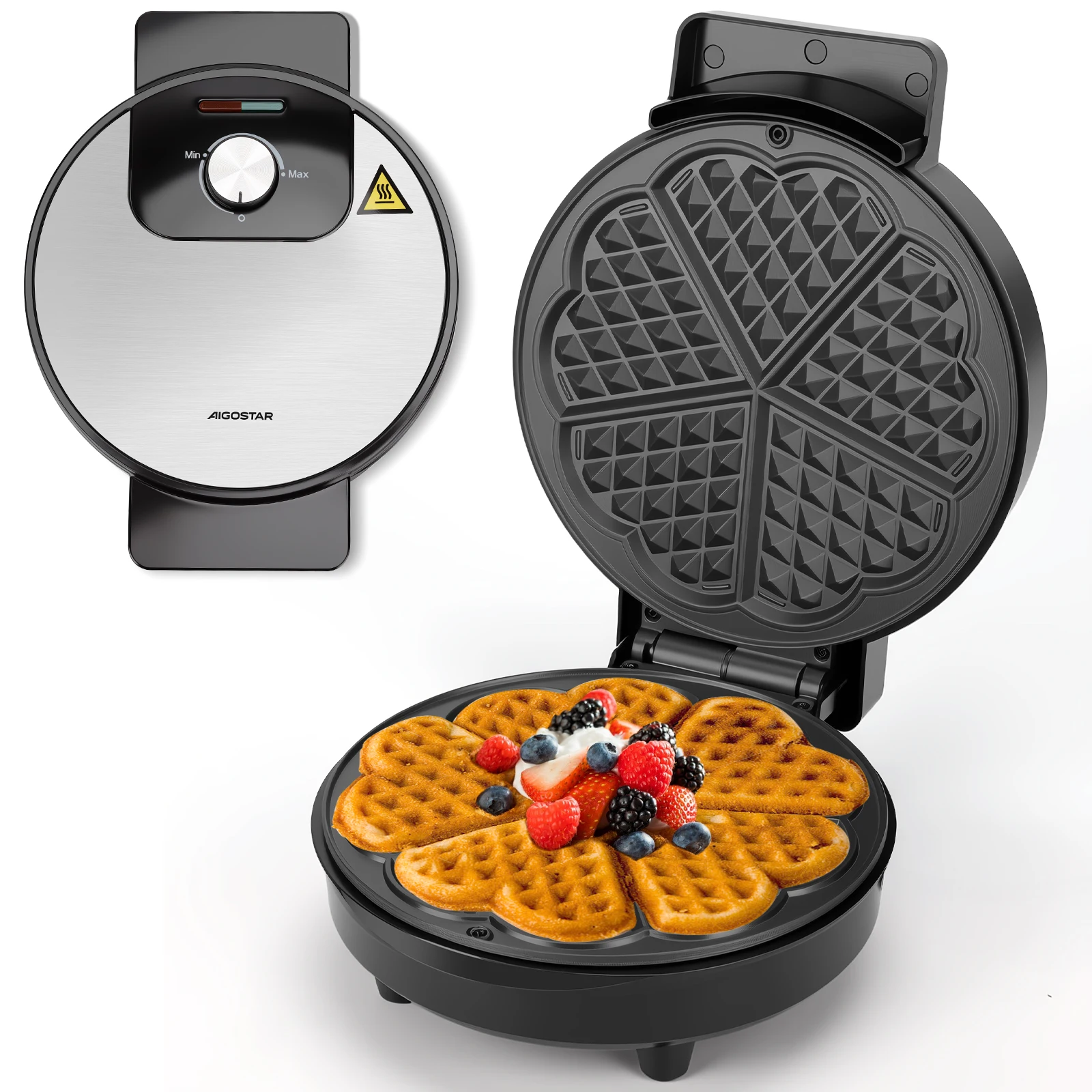 Aigostar Waffeleisen für 5 Herz-Waffeln, 1000W, 19 cm Antihaft-Platten, Waffeleisen Herzform mit einstellbarer Temperatur, LED-Anzeige, Cool-Touch-Griff, kompaktes Edelstahl-Design, BPA und PFOA frei