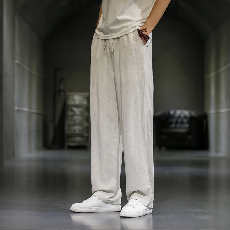 

Men's Summer Thin Cotton Linen Straight Leg Casual Pants Loose Wide Leg Retro Sle Comfortable Loose Waist Design