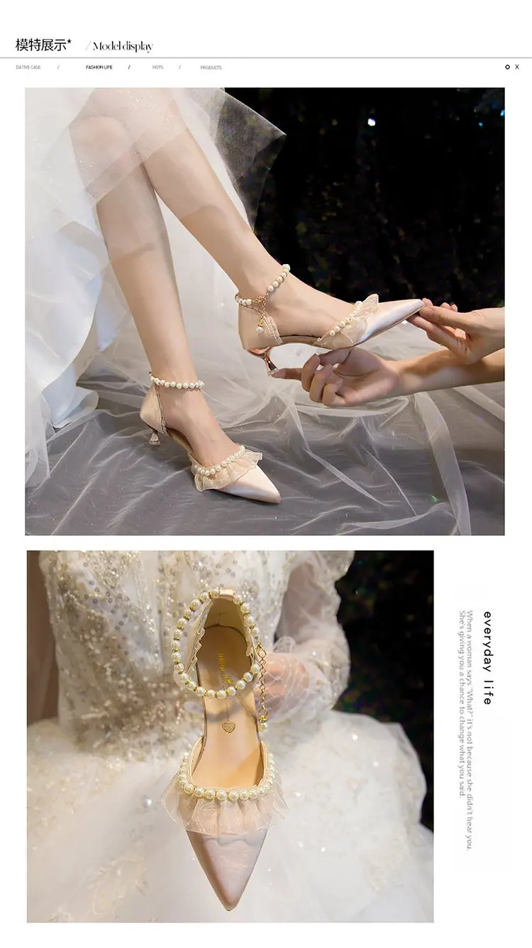 Weiße Hochzeitsschuhe für Damen 2026 Sommer Luxus Seide Perlen Knöchelriemen High Heels Pumps Spitze Damenschuhe mit Absatz – Detail 8