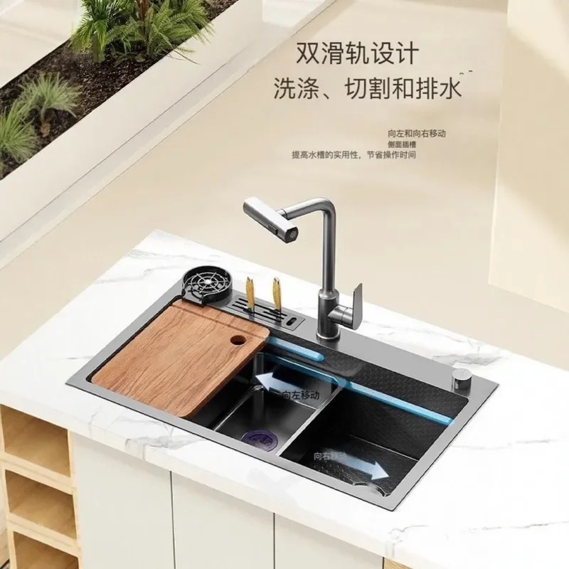 304 Stainless Steel Kitchen Sink Faucet with Pull Out Sprayer Hot and Cold Water Rotating Spout Waterfall Design for Washing