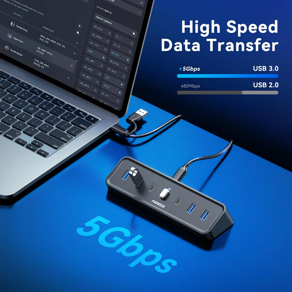 FIDECO 7-Port Docking Station USB 3.0 Hub for Desktop with USB-A and USB-C Ports USB Multiport Adapter and USB Splitter For PC