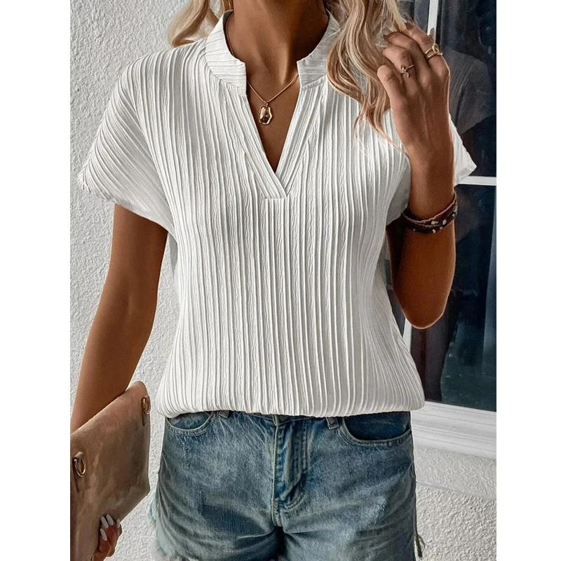 Women Trendy Solid Striped V Neck Short Sleeve Tops Summer Office Lady Elegant Blouses Casual Loose Shirts Blusa Mujer Moda 2023