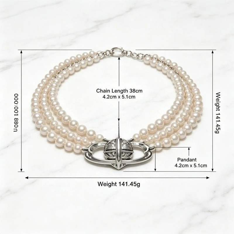 Three Row Pearl Saturn Orb Choker Platinum Plated Brass Crystal Necklace for Women Wedding Party - view 4