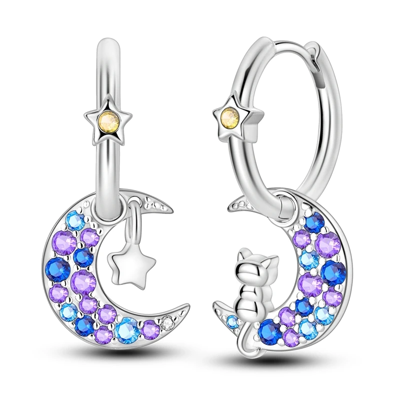 Romantic 925 Sterling Silver Cat Viewing Blue Starry Moon Silhouette Earrings For Women's Pet Parties Jewelry Accessories