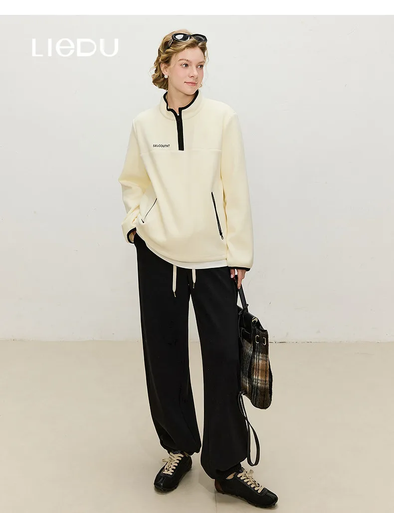 LIEDU Casual Minimalist Half Zip Stand Collar Fleece Hoodie Women Contrast Trim Loose Fit Warm Zipper Pocket Daily Wear Outfit