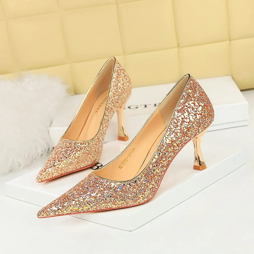 

Women Pumps Shoes Korean Fashion Banquet Metal High Heels Shallow Mouth Sharp Point,shining Sequin Cloth Single Shoes Shoese