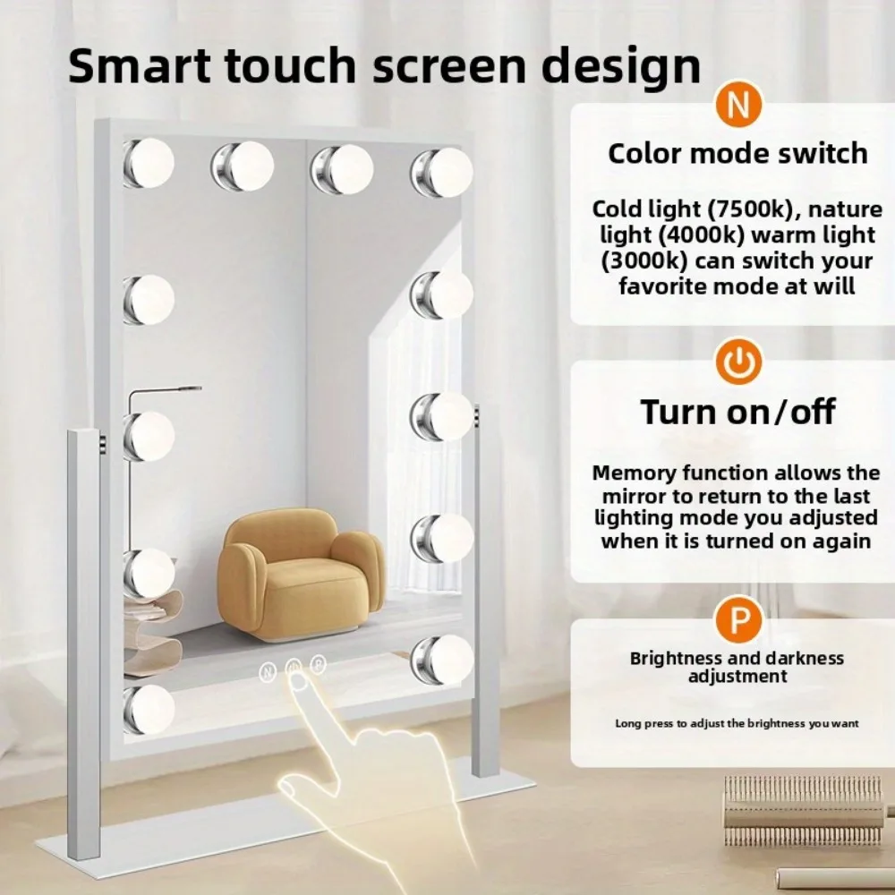 Espejo de tocador con luces Espejo de maquillaje Hollywood con 12 bombillas LED Iluminación de 3 colores 360 ° Rotación para Vestidor y Dormitorio