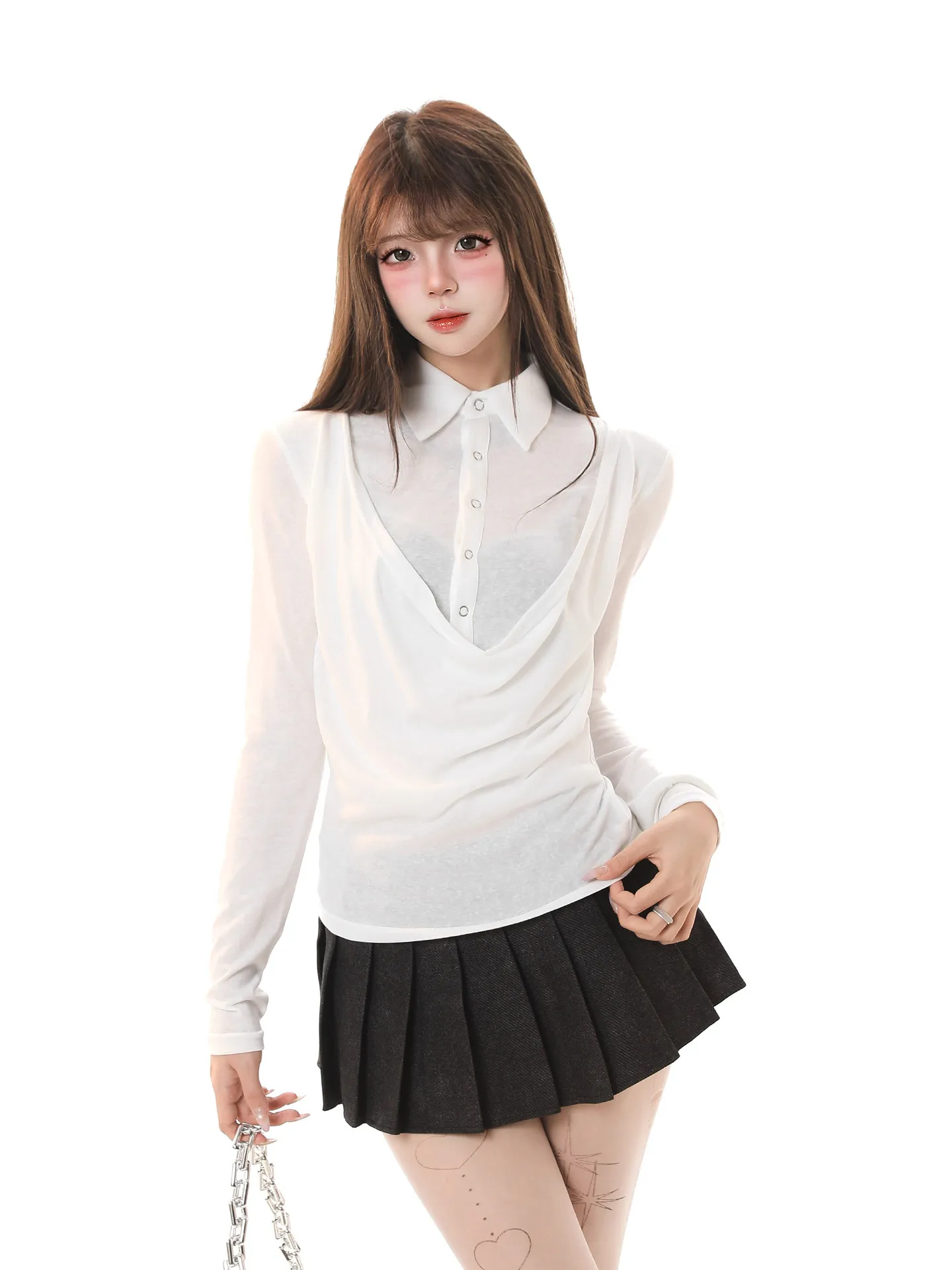 

American Sle Long Sve Ne T-irt Women's Casual Turn-down Collar Slimming Waist Design Spring New Sle Top