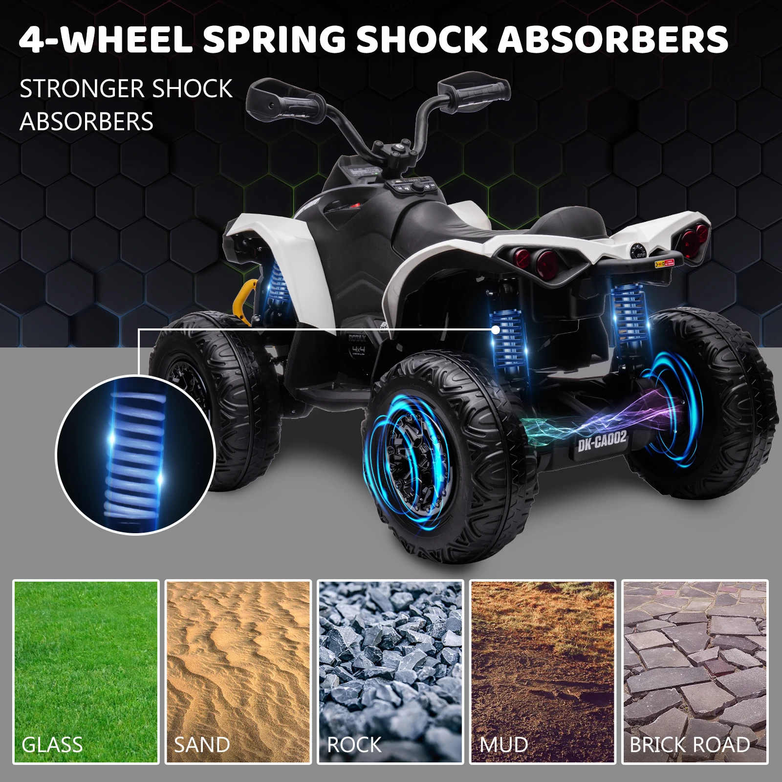 12V ATV voor kinderen, rit op speelgoedauto 4-wieler quad elektrisch voertuig, met LED-verlichting, volledig metalen ophangingen, Bluetooth, muziek, USB, schroefdraad