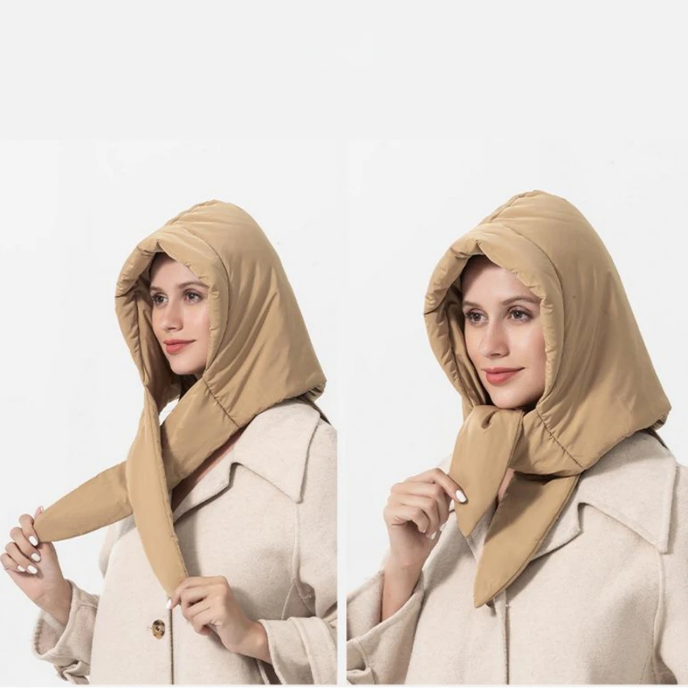 Winter Women\'s Head Hooded Hat Down Cotton Headscarf Warm Hood Unisex Windproof Pullover Beanies Skullies Cap Outdoor Neck Hood