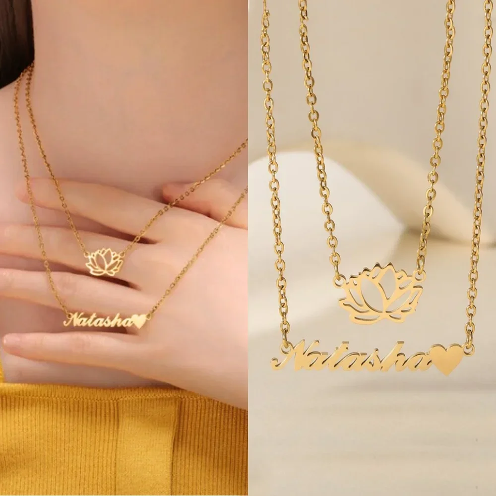 Custom Name Necklaces for Women Stainless Steel Double Layered Necklaces Lotus Flower Pendant Collar Jewelry Gift for Girlfriend