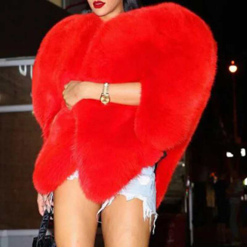 معاطف نسائية من WHTREND مصنوعة من الفرو الصناعي باللون الأحمر ثلاثية الأبعاد على شكل قلب للخريف والشتاء ملابس فاخرة عصرية دافئة