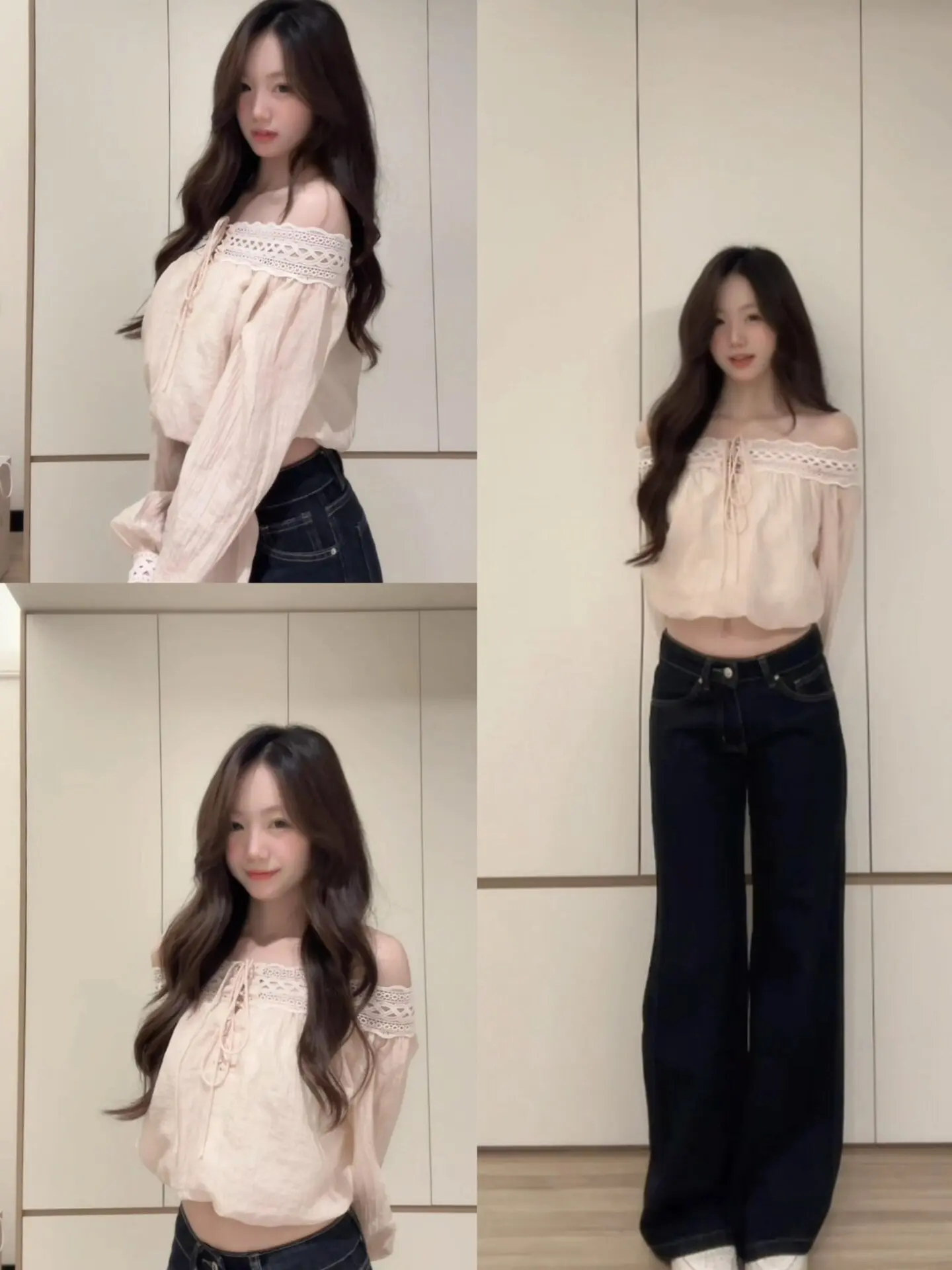 

Pink Lace Long Sleeve One Shoulder Shirt Women's Early Spring Design Short Style Exposure Shoulder Top Breathable Cotton Poly...