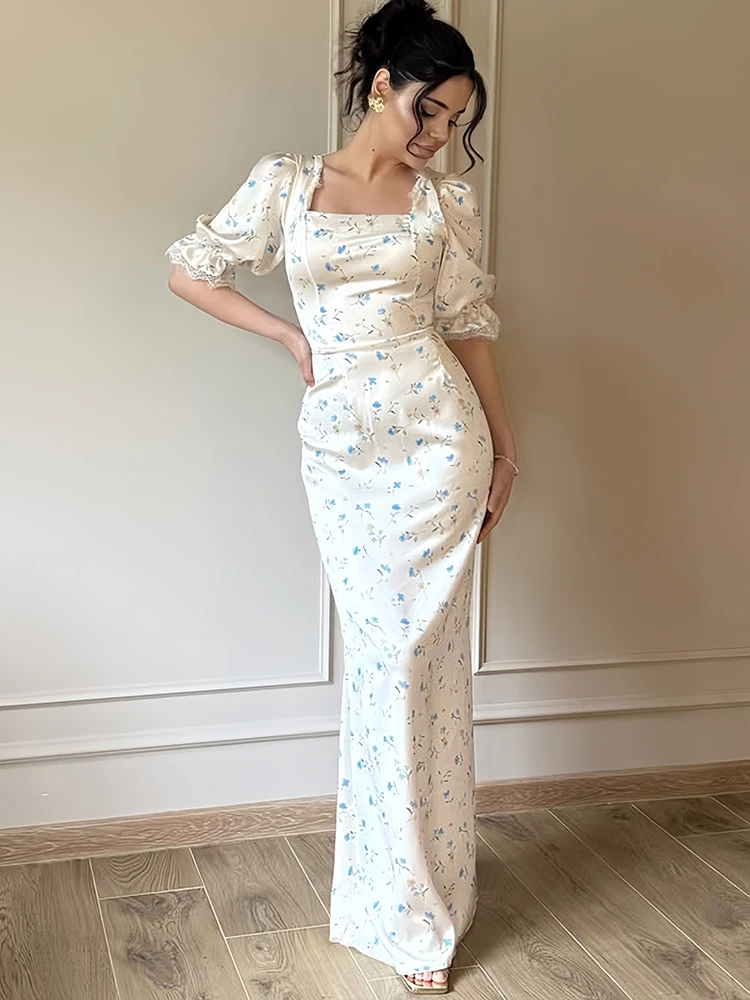 Oniflyme manches bouffantes imprimé fleuri robe Maxi femmes élégant dentelle Patchwork pansement mince robes de soirée dame vacances robes de rue