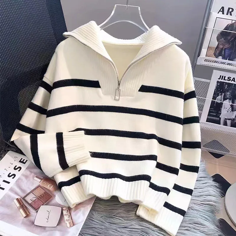Fall/Winter New Half Zipper Lapel Pullover Striped Sweater Women's Thickened Loose Wool Sweater Jacket Wear Outside
