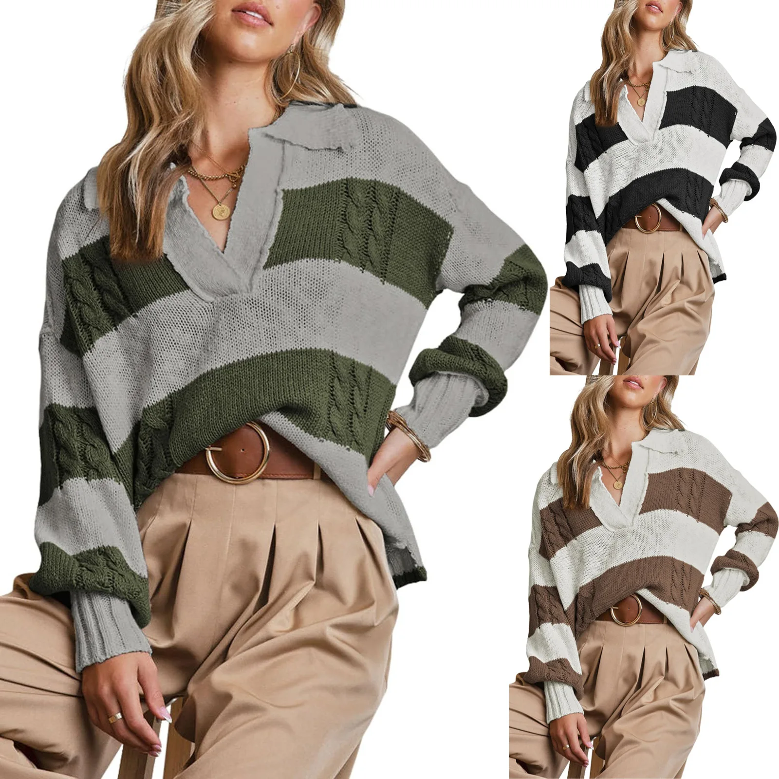 

Cotton Knitted Top Women's 2023 Autumn/Winter New Long Sleeve POLO V-Neck Loose Striped Contrast Pullover Sweater