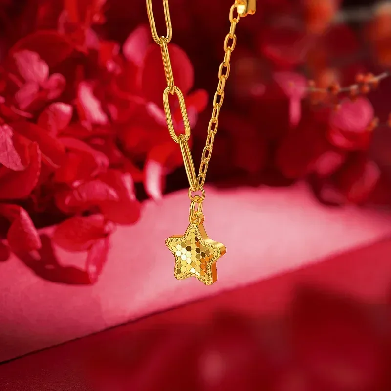 Eldorado Gold  9999 Real Gold 24K Fashion Little Star Set Chain, Flash Fish Scale Pentagram Clavicle Necklace