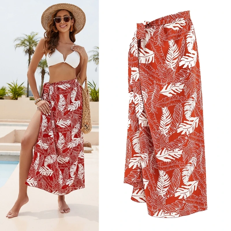 2024 New Womens Swimwear Sexy Bathing Suit Cover up Long Floral Printed Beach-Sarong Pareo-Bikini Swimsuits Side Tie Wrap Skirt