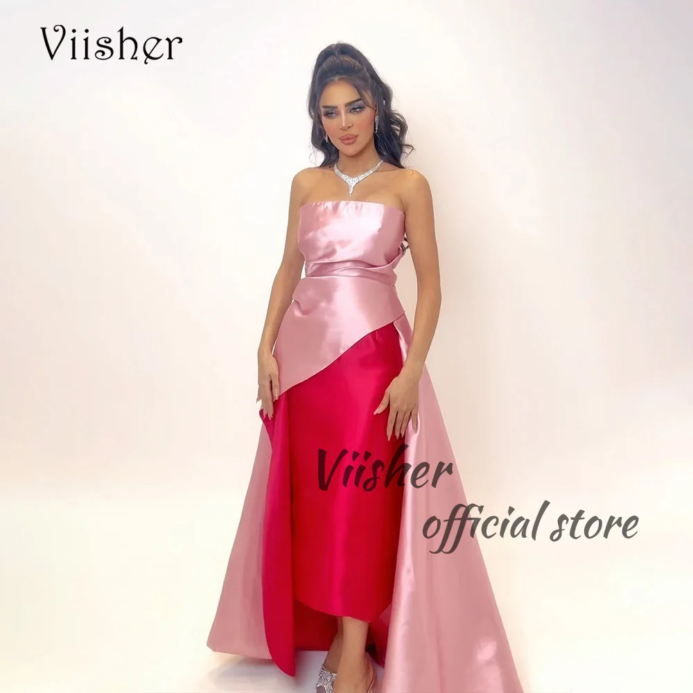 

Viisher Pink Red Satin Mermaid Evening Dresses Strapless Saudi Arabic Prom Party Dress with Skirt Formal Evening Gowns