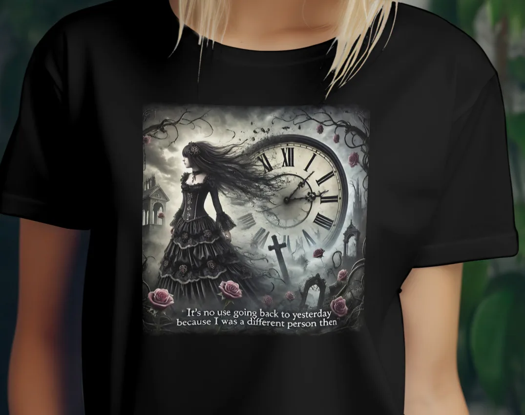 

Gothic Time and Roses T-Shirt | Dark Fantasy Clock and Graveyard Tee