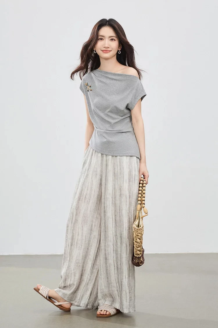 SENTUBILA 2026 Sommer-Damenanzug Zweiteiliges Hosen-Set Lässiges Baumwoll-T-Shirt Leinen-Hose mit Weitem Bein Damenbekleidung 162ZL6840 – Detail 16