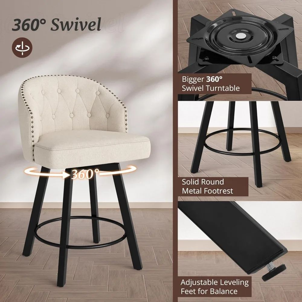 Café Chairs 26" Swivel Fabric Upholstered Bar Stools with Backs and Metal Legs, Retro Counter Stools , Café Chairs